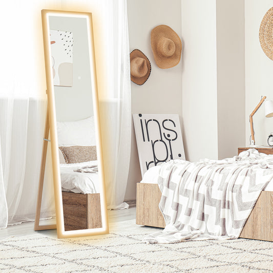 HOMCOM Full Length Mirror With Adjustable Outer LED Light In Oak Finish Three Color Temperatures