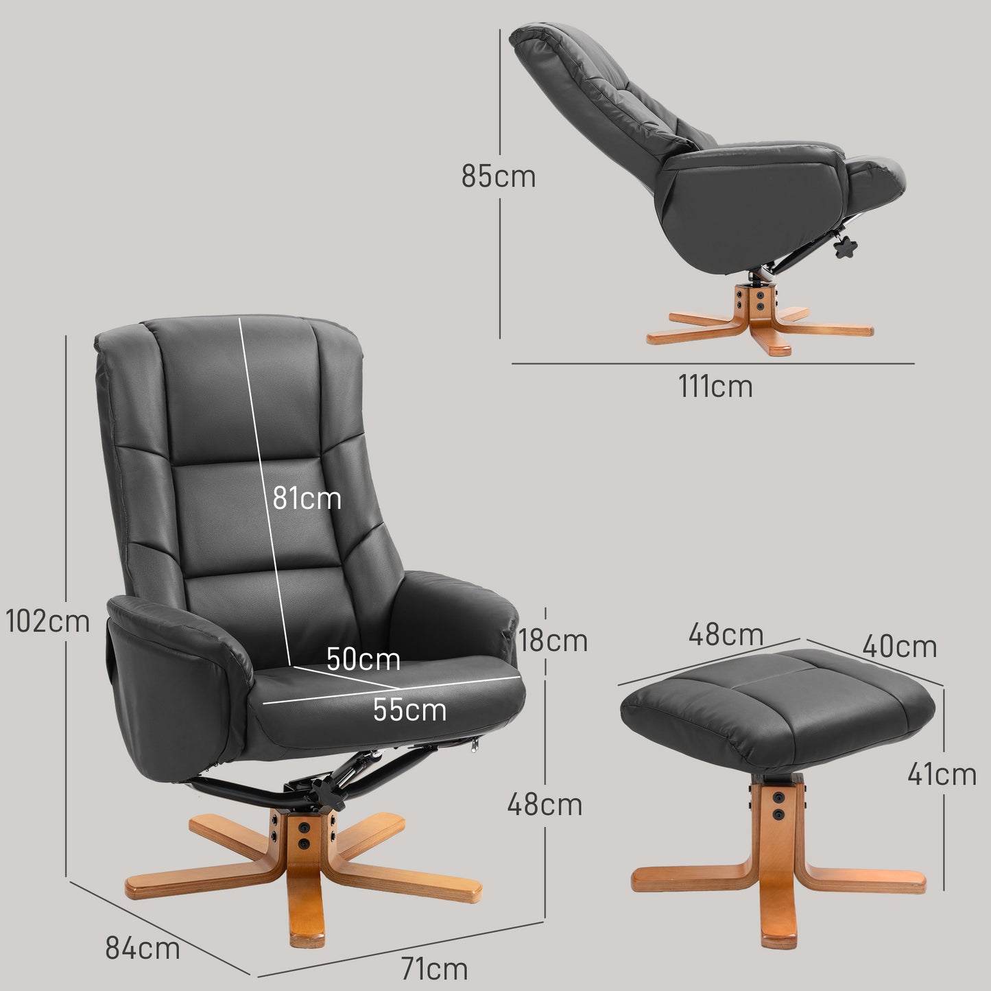 HOMCOM Rocking Recliner Chair With Footstool In PU Leather Wood Base For Living Room And Bedroom Black