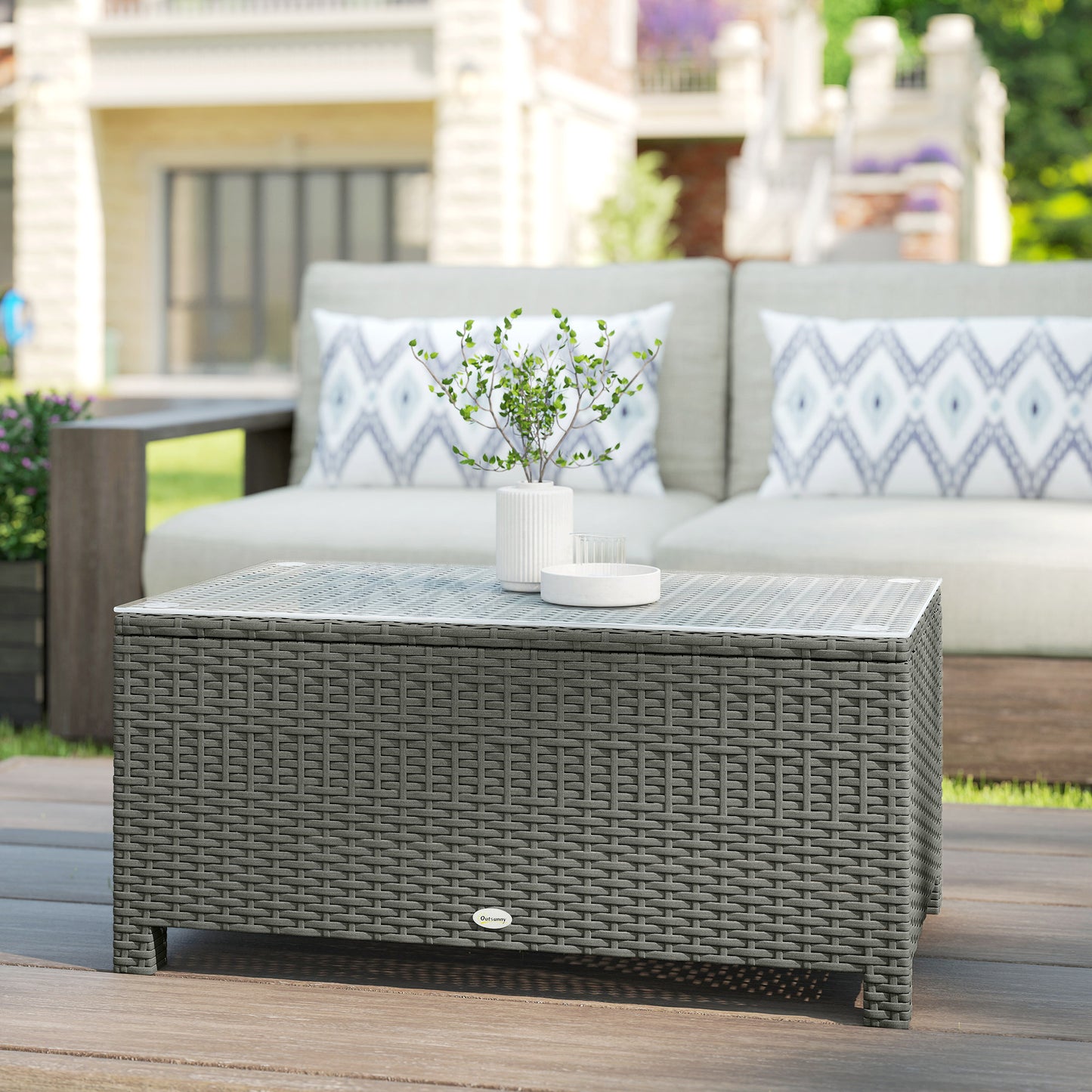 Outsunny Rattan Garden Coffee Table With Glass Top In Light Grey With Sturdy Metal Frame For Outdoor Patio