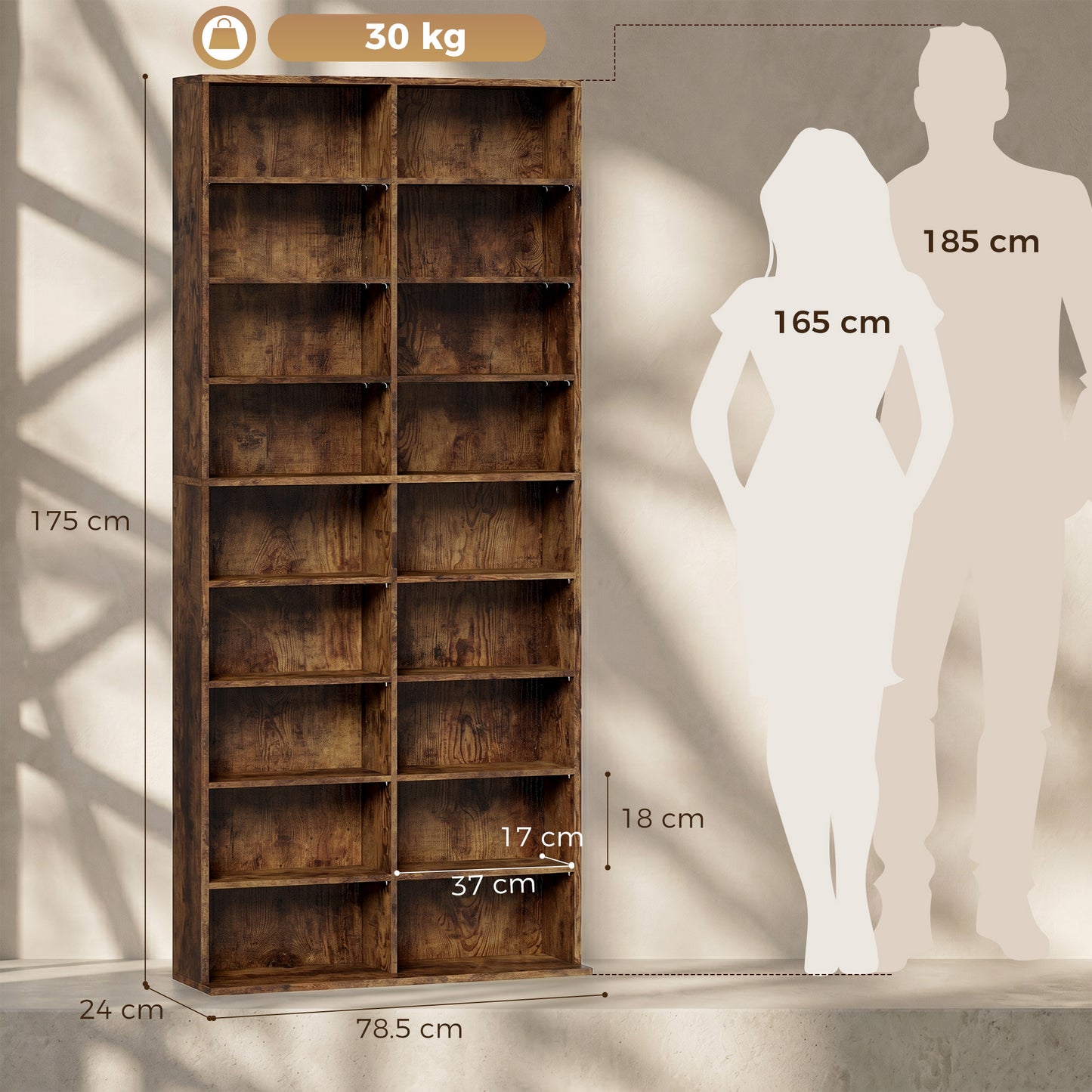 HOMCOM 640 CD Storage Tower Rustic Brown with 14 Adjustable Shelves and Anti Tipping