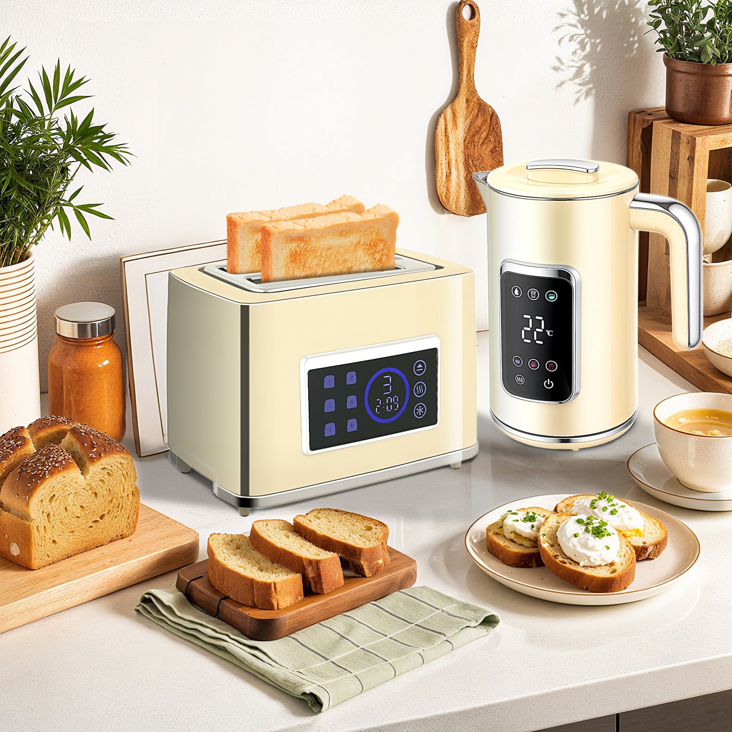 HOMCOM Touch Screen Kettle And Toaster Set Cream With 3000W Power 1.7L Capacity Six Temperature Presets And Keep Warm