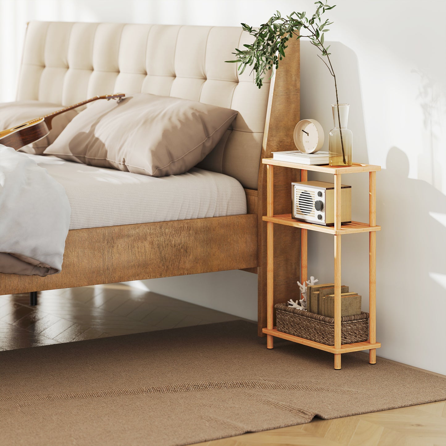 HOMCOM Bamboo Side Table 3 Tier Slim Table Nordic Living Room Bedroom Office Tool Free Assembly Natural Wood Finish