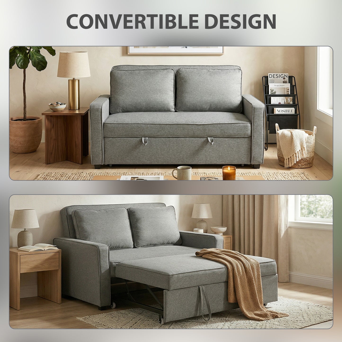 HOMCOM 3 In 1 Click Clack Two Seat Sofa Bed With Adjustable Backrest And Pull Out Bed For Living Room And Bedroom Grey