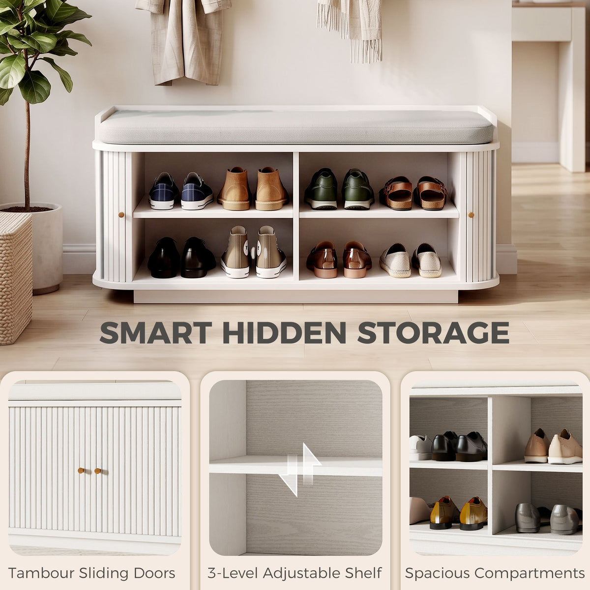 HOMCOM Hallway Storage Bench With Shoe Cabinet, Coat Rack And 5 Hooks White