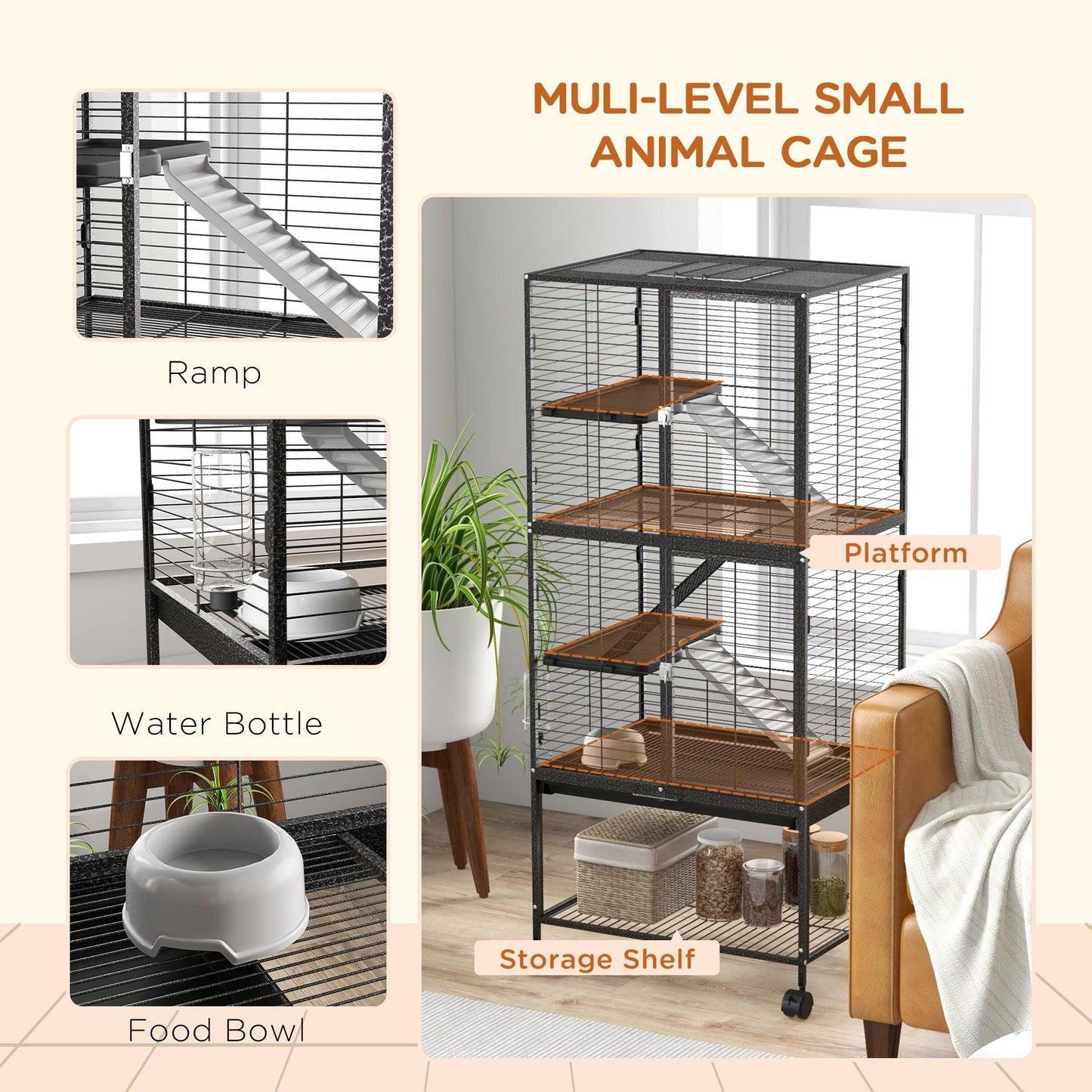 PawHut Rolling Chinchilla Cage, Small Animal Cage for Ferrets w/ Three Doors, Storage, Shelf, Tray Tray, Bowl, Water Bottle - ALL4U RETAILER LTD