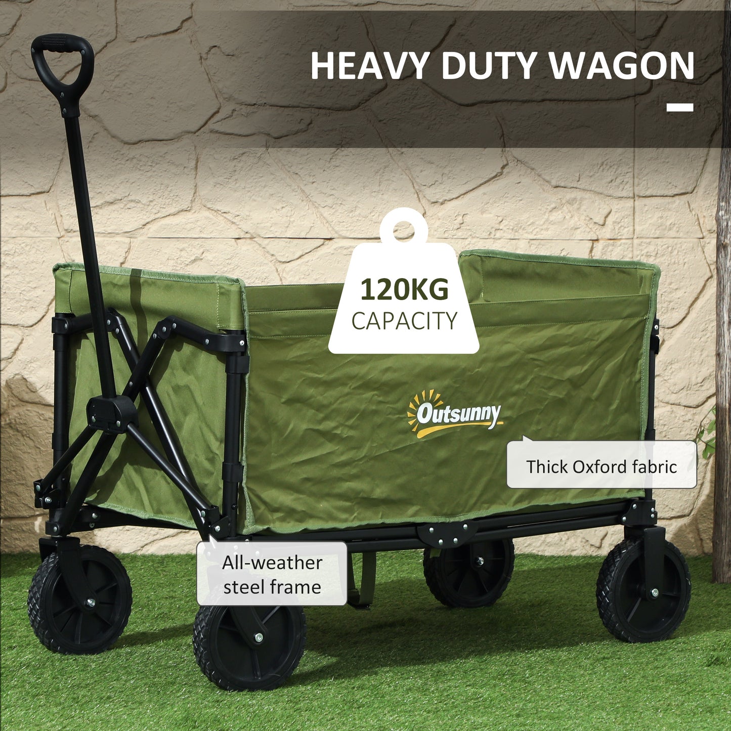 Outsunny 120L Festival Folding Trolley On Wheels With Adjustable Handle For Garden Beach Camping And Fishing Green