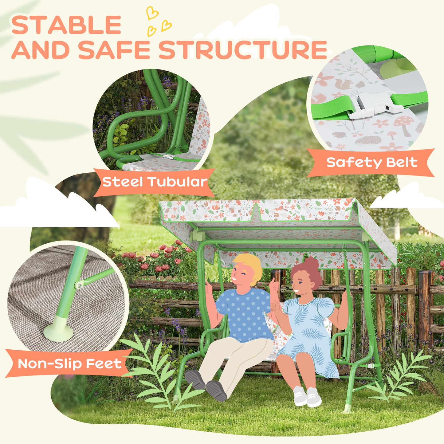 AIYAPLAY 2 Seater Kids Garden Hammock Swing Bench With Adjustable Canopy And Safety Belt For Patio Porch Green