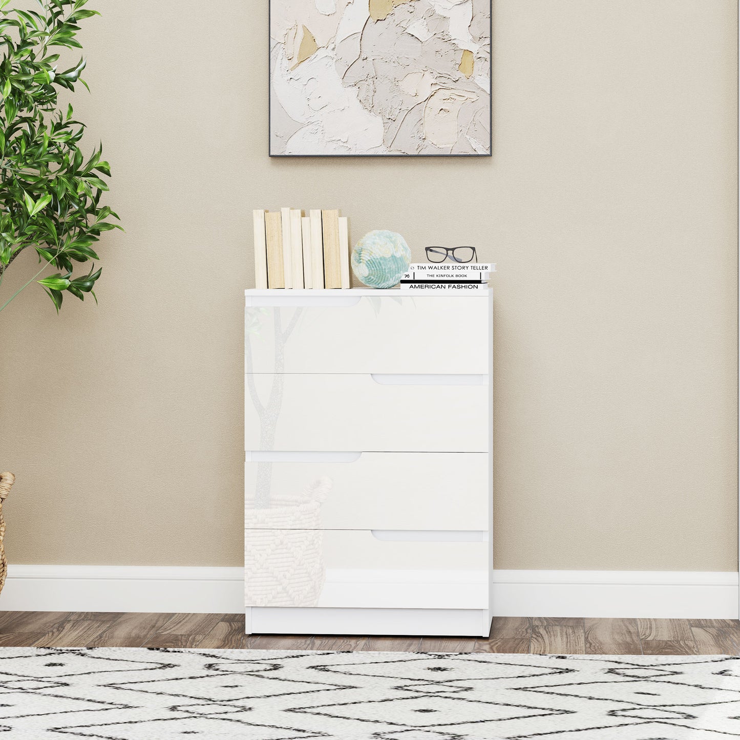HOMCOM Four Drawer Chest With High Gloss Fronts White Modern Bedroom Storage Unit