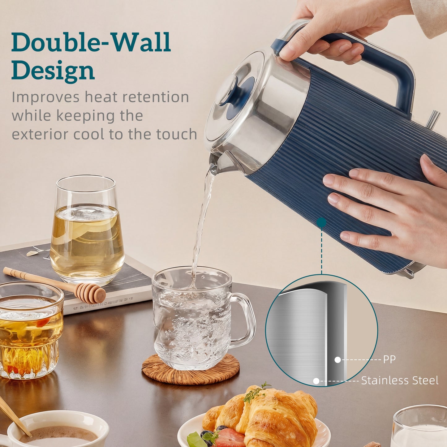HOMCOM Stainless Steel Electric Kettle And Four Slot Toaster Set 3000W 1.7L UK Strix Thermostat Dark Blue