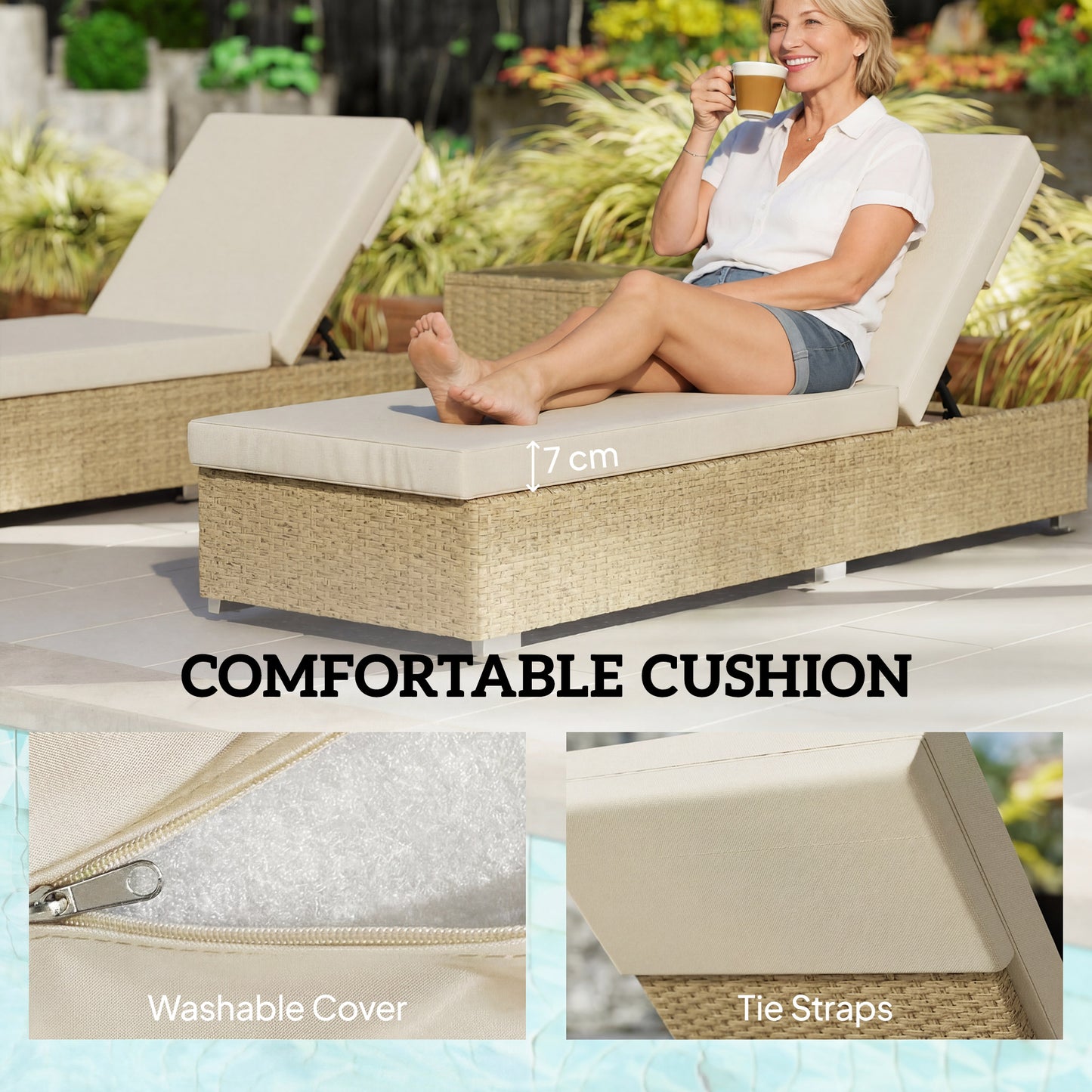 Outsunny Rattan Sun Loungers Set Of 2 With Side Table Adjustable Back Cushions Beige Garden Recliners