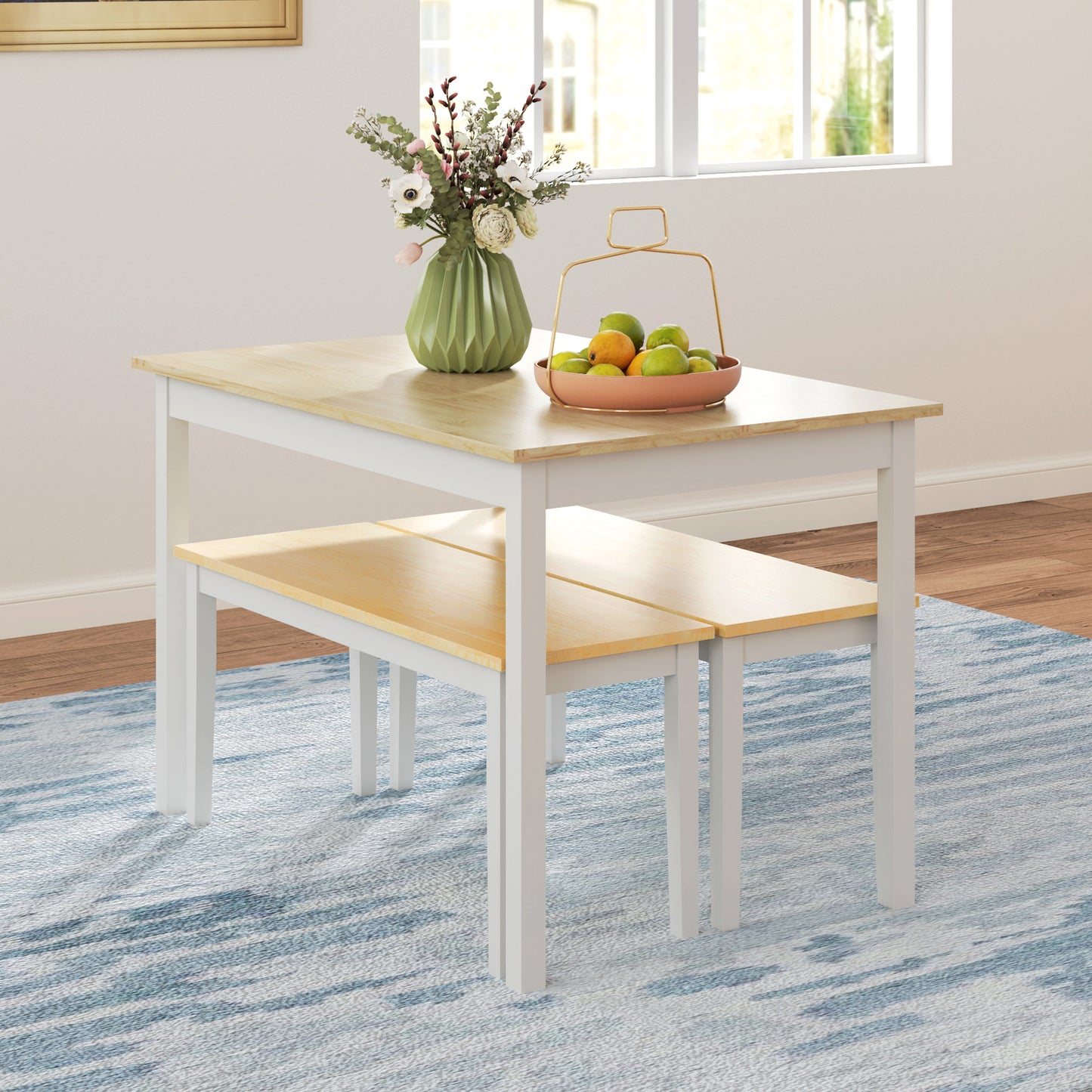 HOMCOM Farmhouse Dining Table and Bench Set with Pine Wood Frame Natural and White Finish for Kitchen and Dining Room