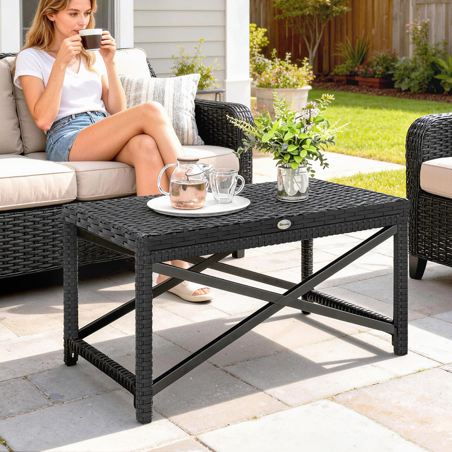 Outsunny Outdoor Coffee Table With X Shape Frame And Rattan Top For Patio Balcony Black