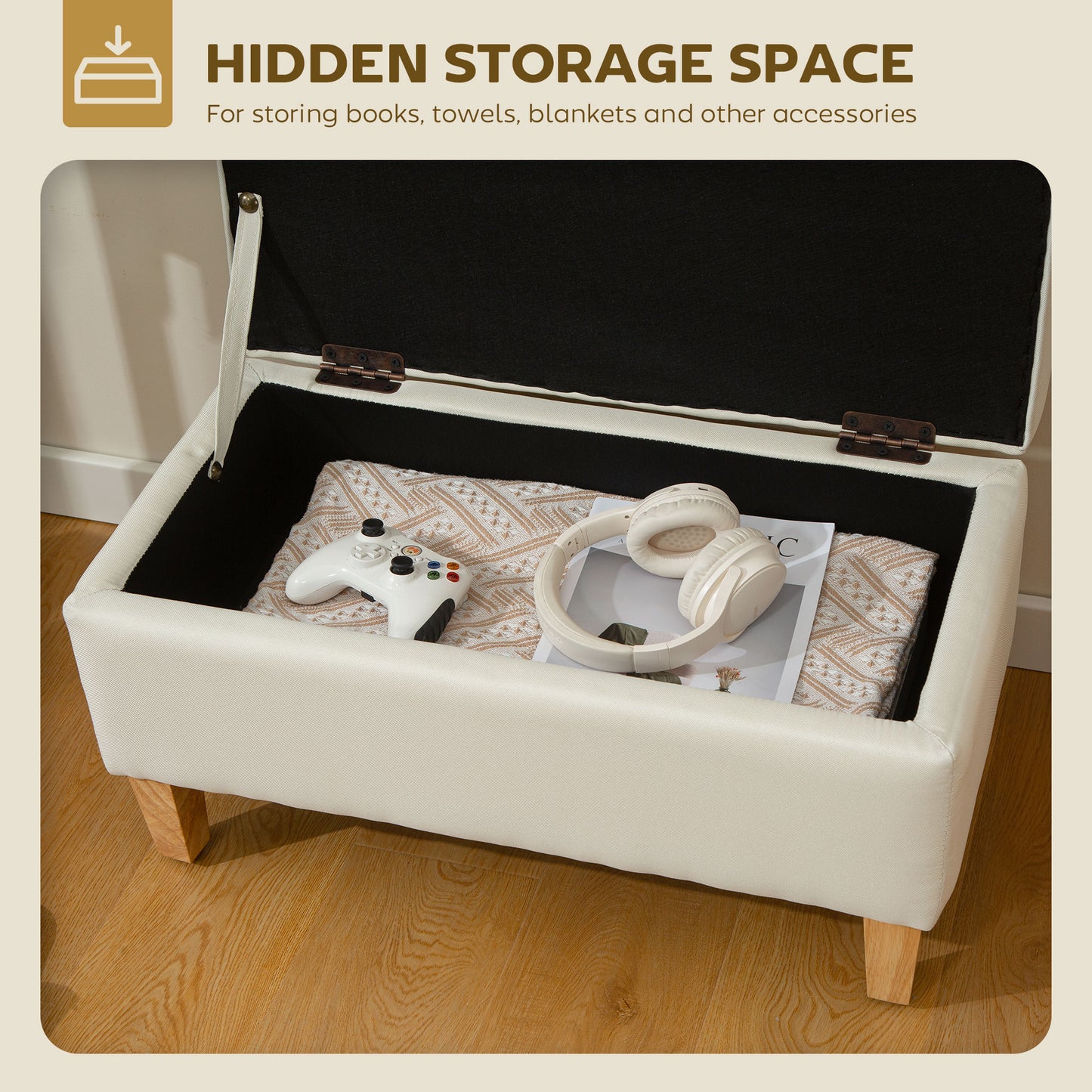 HOMCOM 30L Linen Storage Ottoman Padded Footstool With Rubberwood Legs Beige For Storage Box Bed End Shoe Bench Seating
