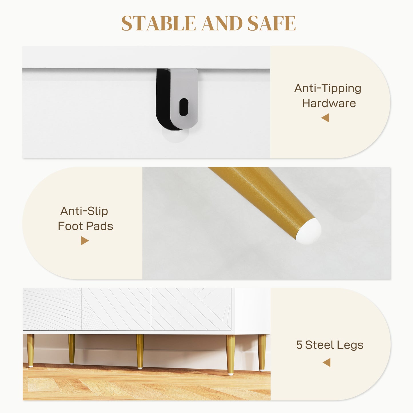 HOMCOM Elegant Two Cupboard Sideboard White Gold Tone With Adjustable Shelves Durable Melamine Finish