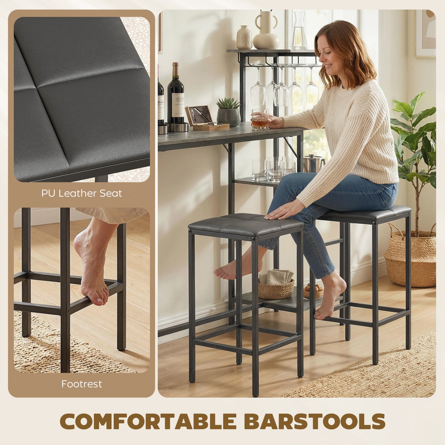 HOMCOM 3 Piece Breakfast Bar Table And Stools Set Washed Grey With 4 Tier Shelving And Wine Glass Racks