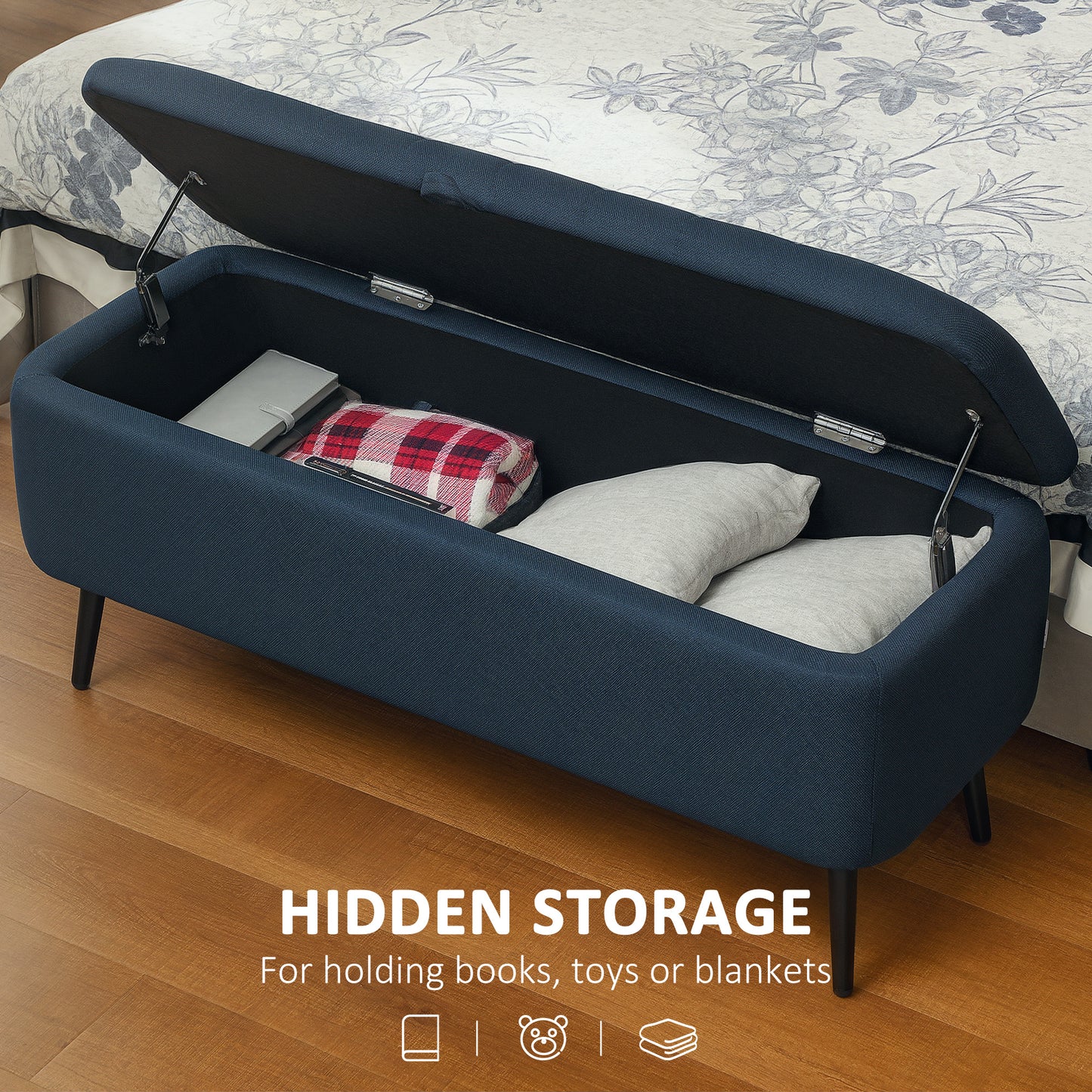 HOMCOM Linen-Look Storage Ottoman 92 x 31 cm with Padded Lid Dark Blue for Living Room and Bedroom
