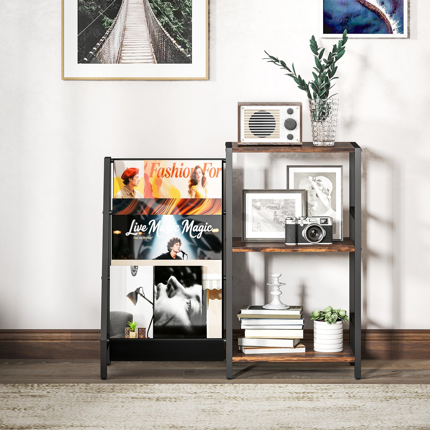 HOMCOM 3 Tier Record Player Stand End Table for Living Room and Bedroom Rustic Brown