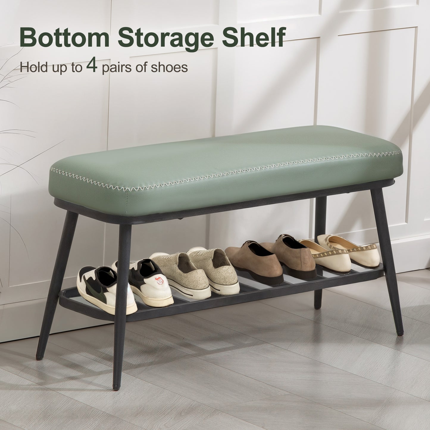 HOMCOM PU Leather Shoe Storage Bench Green With Plush 7cm Cushion And 120 Kg Capacity For Entryway Organization