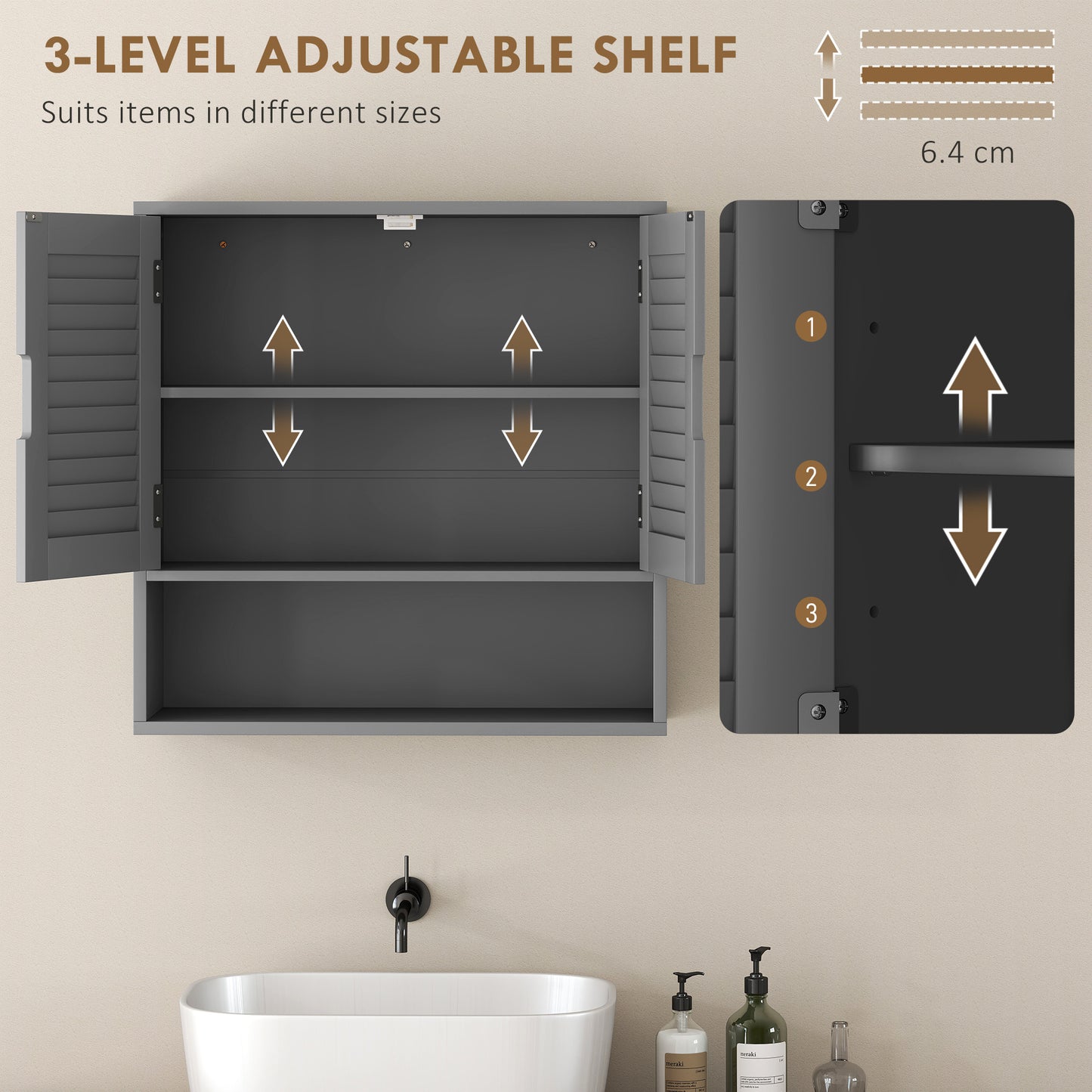 HOMCOM Wall Mounted Bathroom Cabinet With Adjustable Shelves Grey 60 x 20 x 60 cm