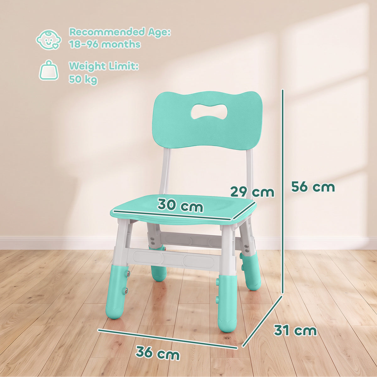 Adjustable kids chair with backrest, mint seat and white legs with height markings