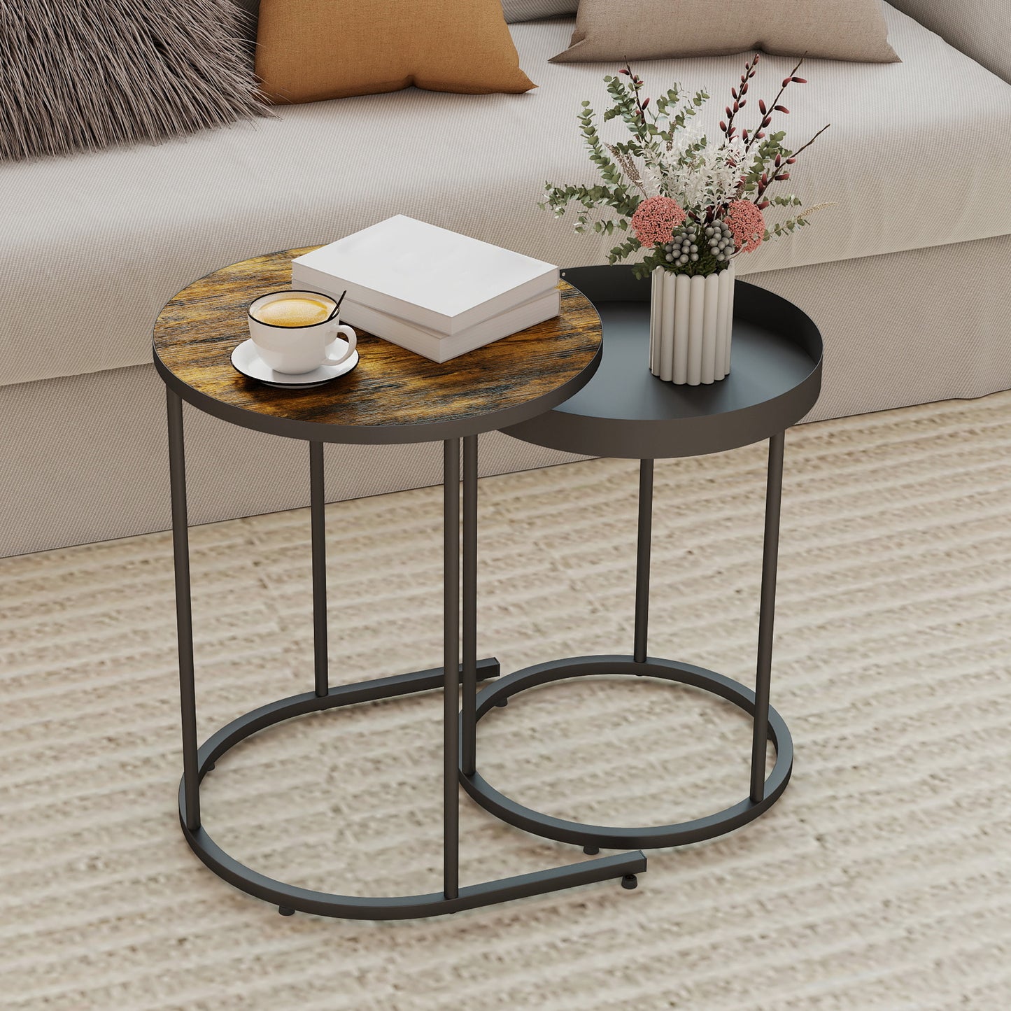 Industrial Nesting Tables Set of Two Brown and Black Finish Space Saving Nesting Tables for Living Room