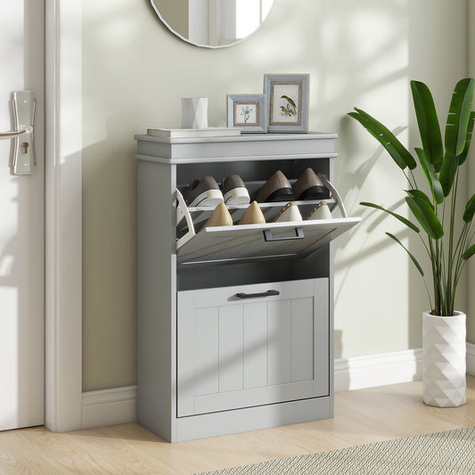 HOMCOM Two Drawer Minimalistic 10 Shoe Cabinet in Grey with Adjustable Shelves for Small Spaces