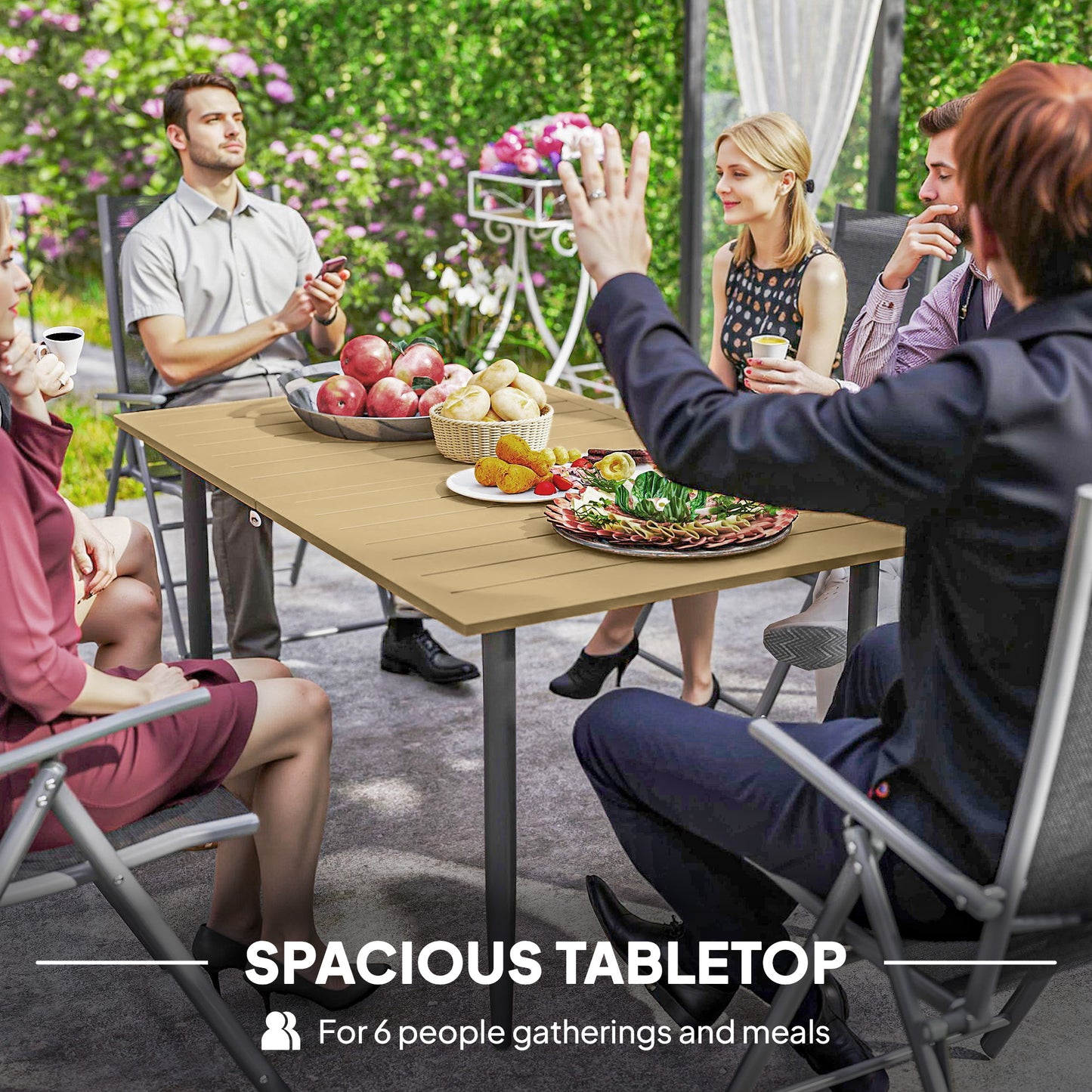 Outsunny Garden Dining Table 150 By 90 Cm Outdoor Slatted Table With 5 Cm Parasol Hole Steel Frame Brown