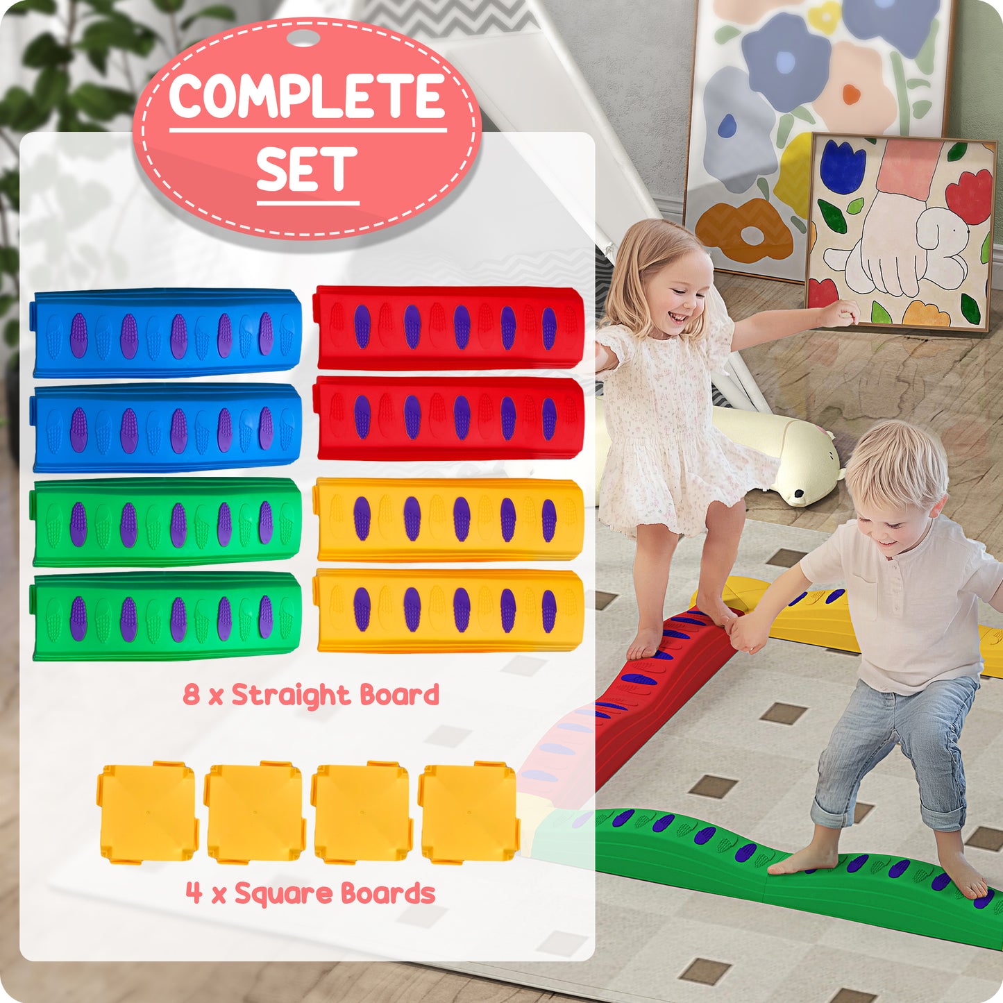 AIYAPLAY 12-Piece Colorful Kids Balance Beam Stepping Stones with Non-Slip Safety Pads