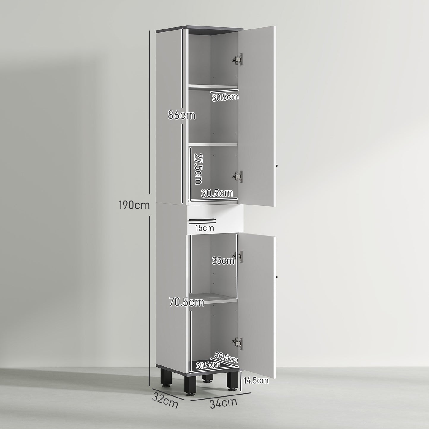 HOMCOM 190cm Tall Slim Bathroom Storage Cabinet With Adjustable Shelves In Both Cupboards And Middle Drawer White