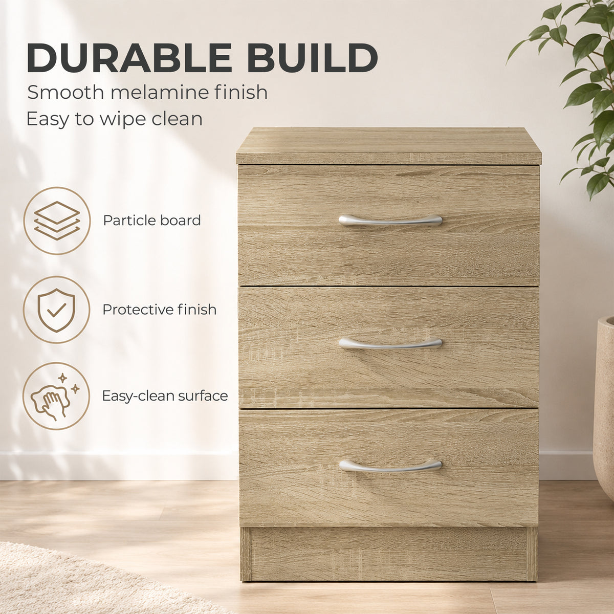 HOMCOM Oak Three Drawer Bedside Table Nightstand with Storage