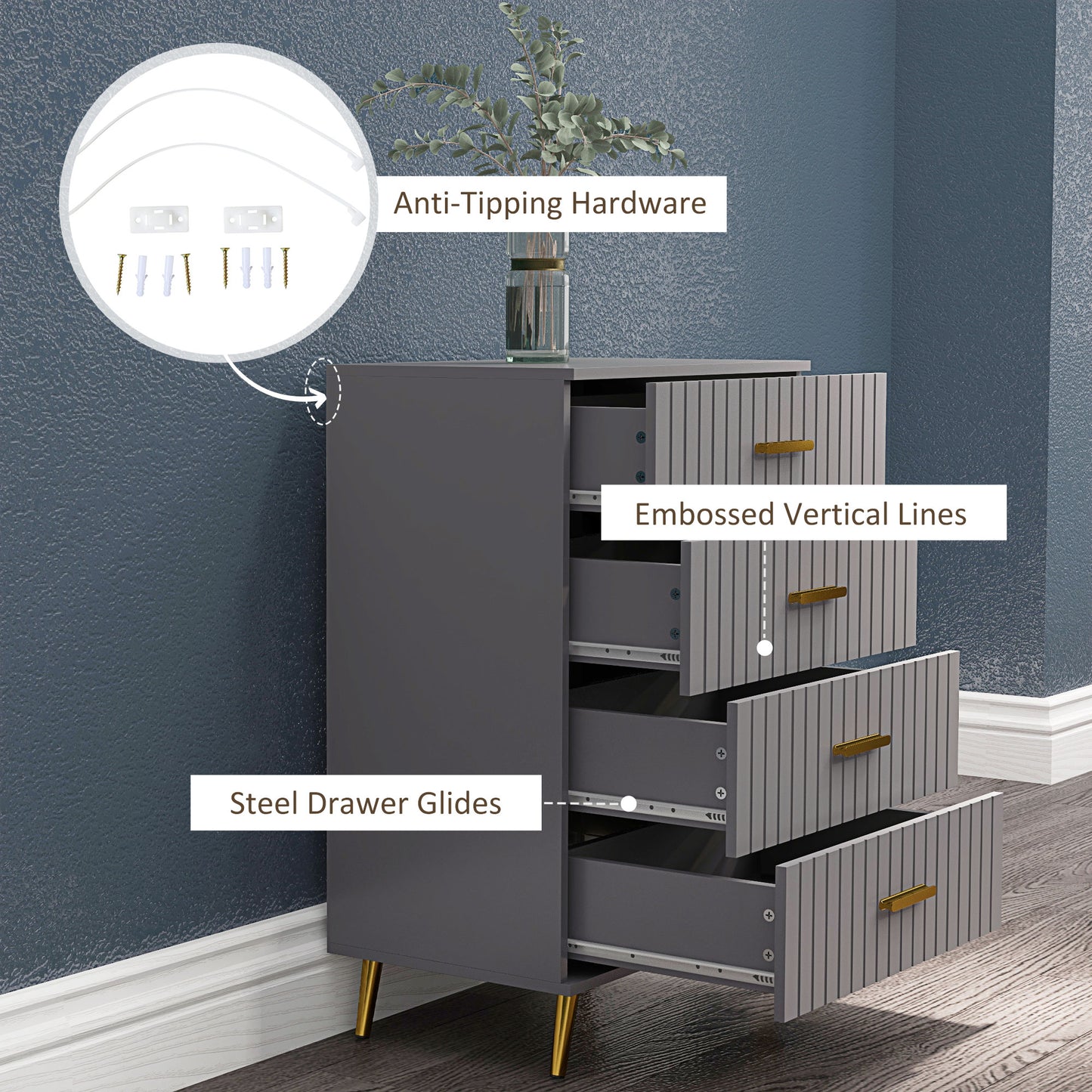 HOMCOM Modern 4-Drawer Chest of Drawers in Dark Grey with Gold Accents and Aluminium Legs - ALL4U RETAILER LTD