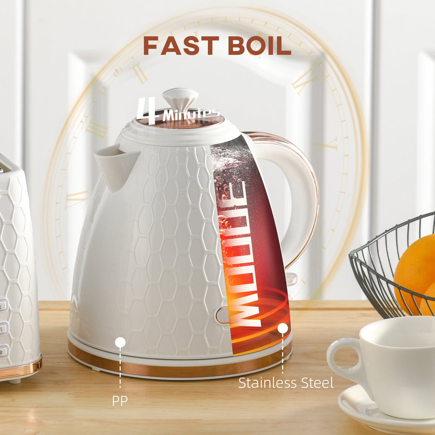 HOMCOM 3kW Rapid Boil Honeycomb Electric Kettle Cream Finish Fast Boiling Tea Coffee