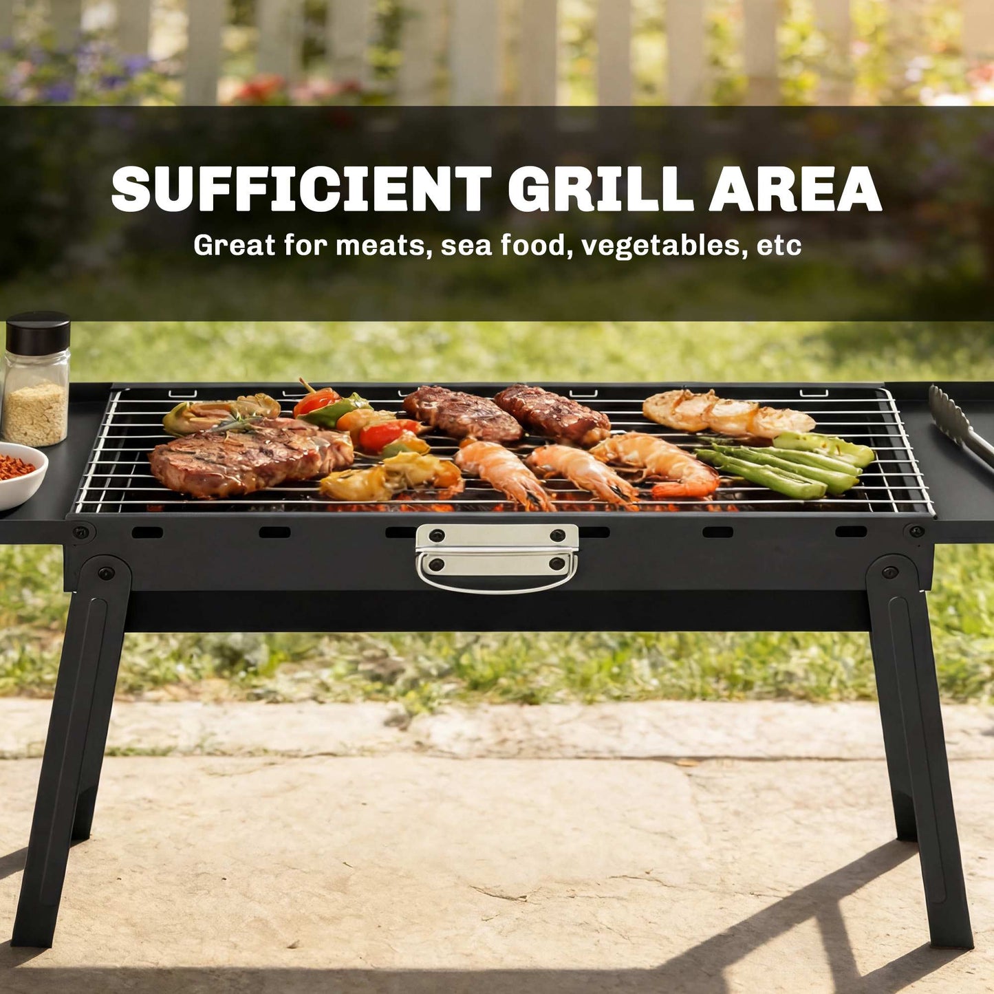 Outsunny Portable Charcoal BBQ Grill Foldable For Camping And Picnics With Two Side Shelves And Handle Black