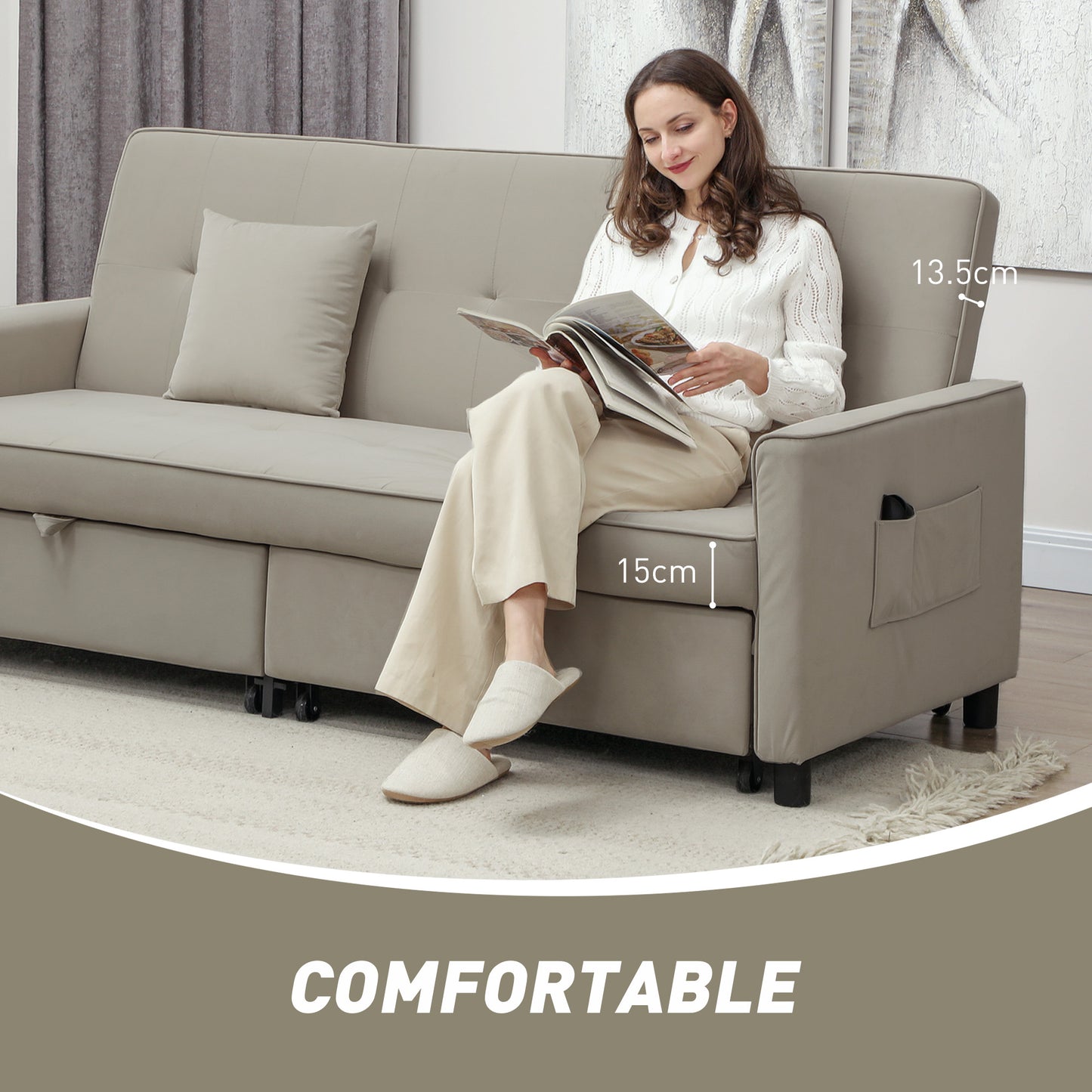 HOMCOM Velvet Feel Three Seater Sofa Bed With Click Clack Function And Wheels Beige
