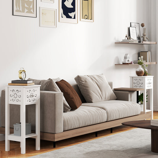 HOMCOM Set of Two Elegant Floral Cutout Side Tables in White with Drawers and Shelves