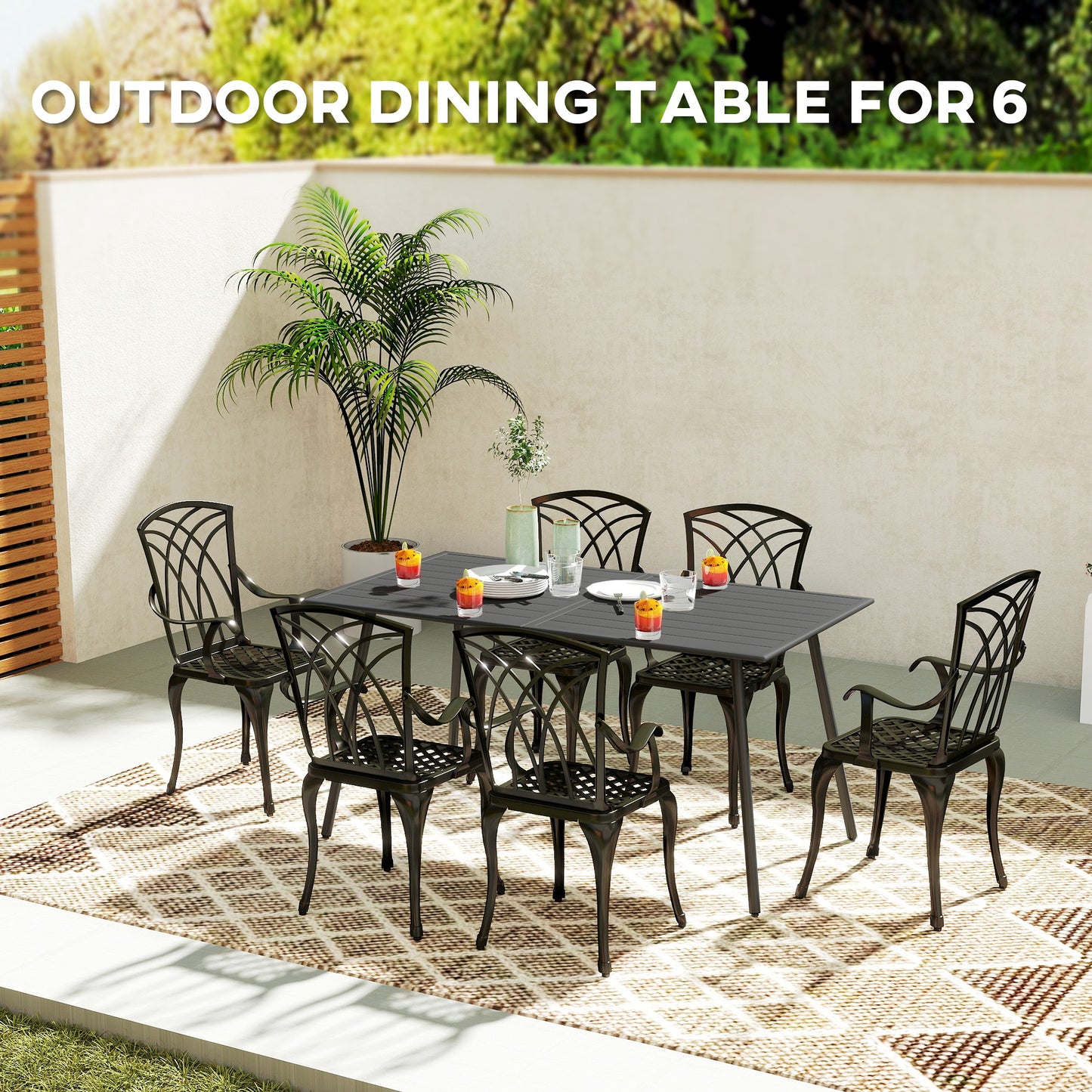 Outsunny Rectangle Garden Table With Slat Top Steel Frame Outdoor Table For Six People 150 x 80 x 74 Cm Grey
