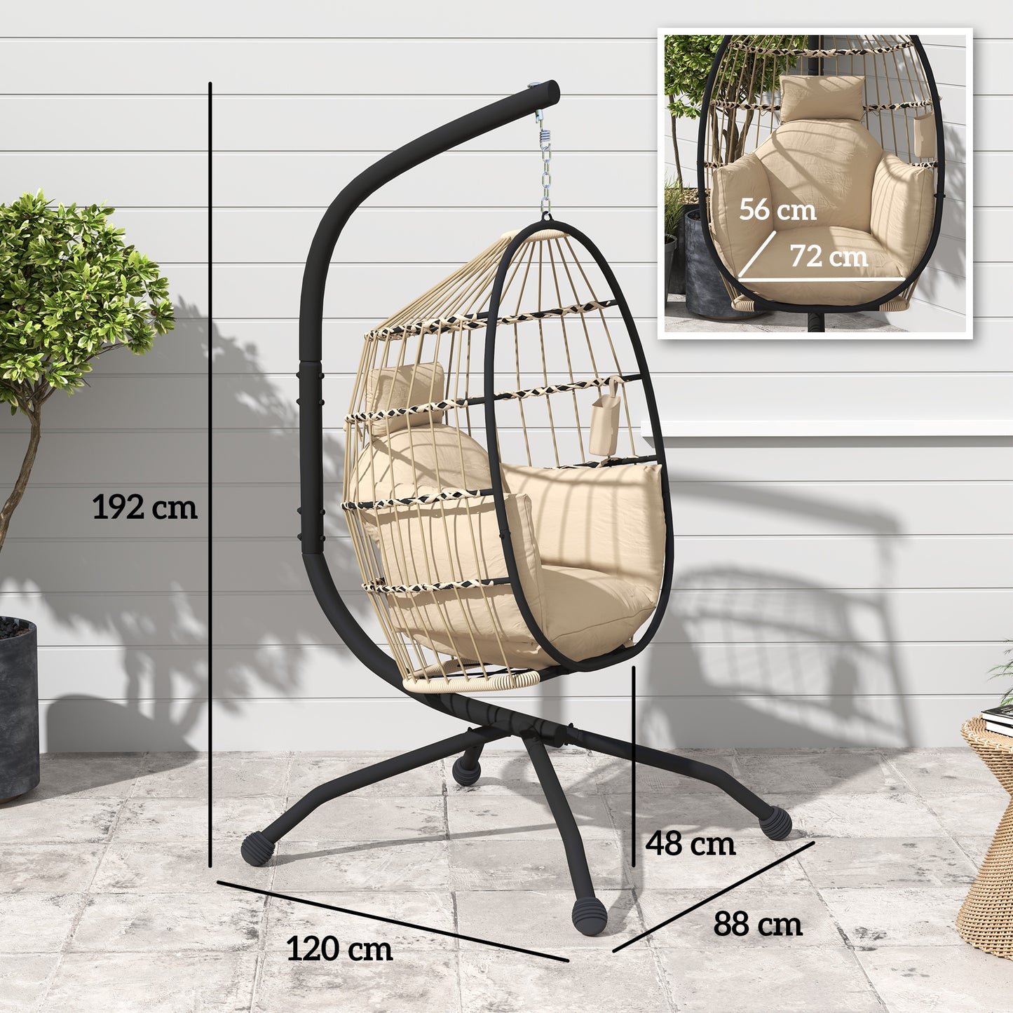 Outsunny Hanging Egg Chair With Stand Folding Basket Thickened Cushion Cup Holder Headrest For Outdoor Balcony Khaki