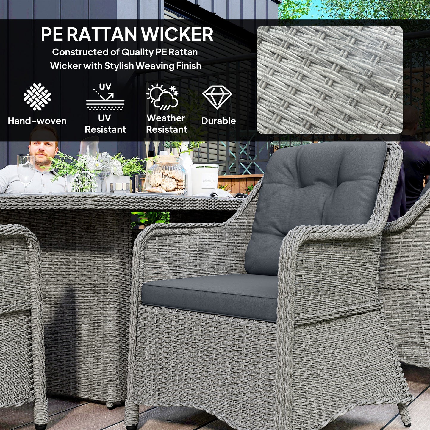 Outsunny Seven Piece Rattan Dining Set In Mixed Grey For Outdoor Garden Patio With Elevated Table And Chairs