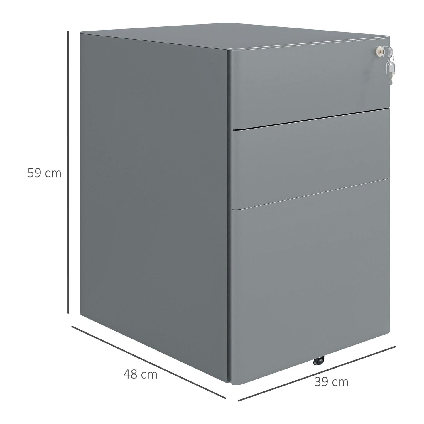 Vinsetto 3 Drawer Metal Filing Cabinet Lockable 5 Wheels Compact Under Desk Grey - ALL4U RETAILER LTD