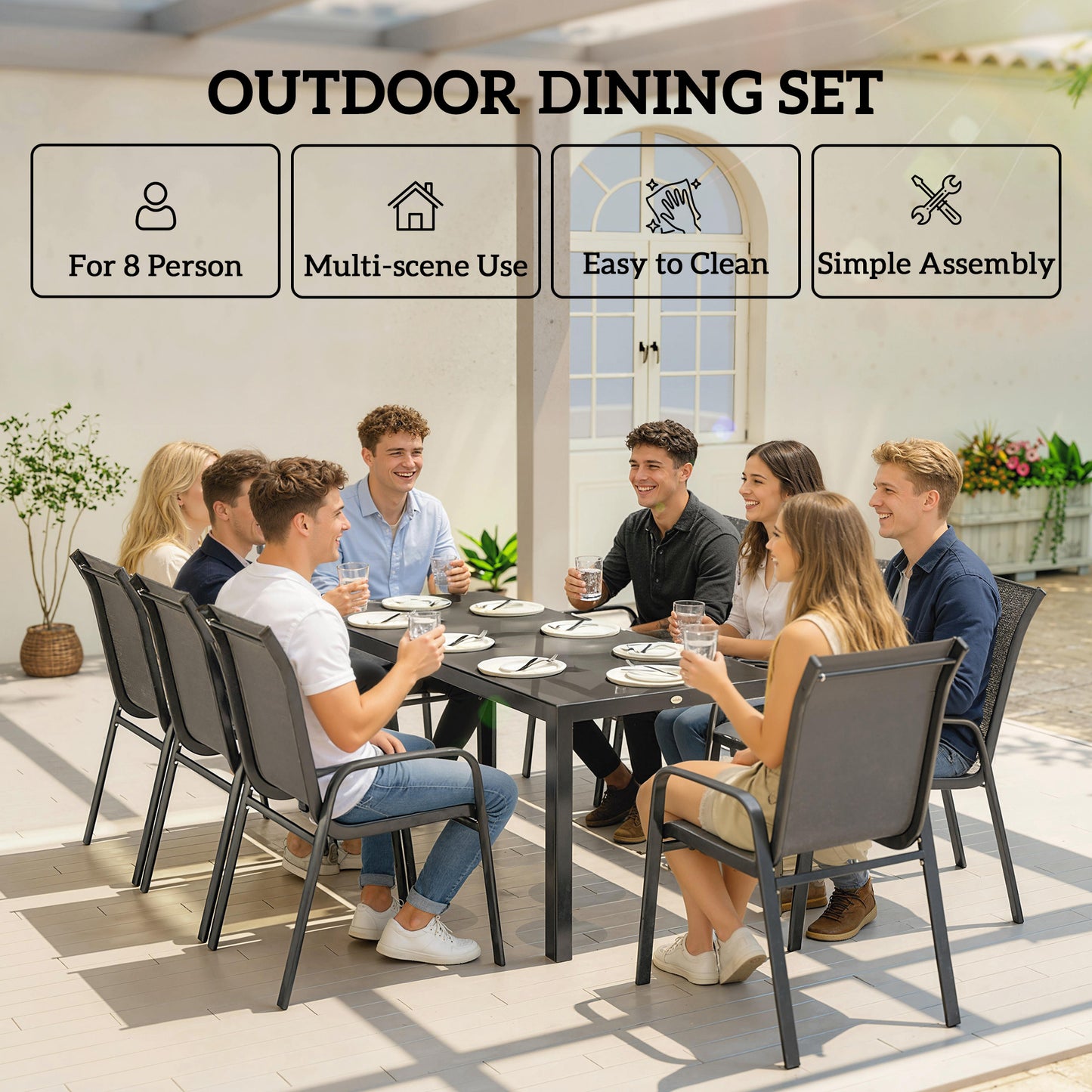 Outsunny 9 Piece Garden Dining Set for 8 with Tempered Glass Table Top Outdoor Patio Furniture in Dark Grey