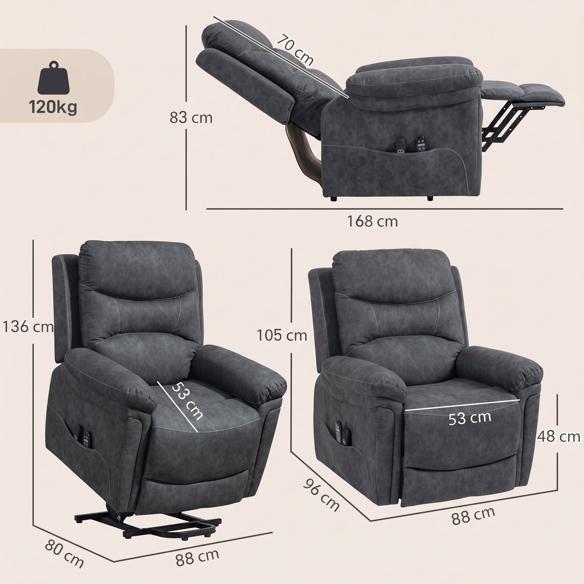 Grey electric lift recliner chair with padded armrests and recline footrest