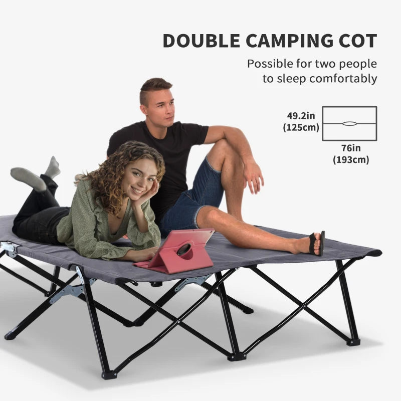 Outsunny Double Camping Cot Bed with Bag - Grey, Portable Folding Outdoor Sleeping Cot for Two - ALL4U RETAILER LTD