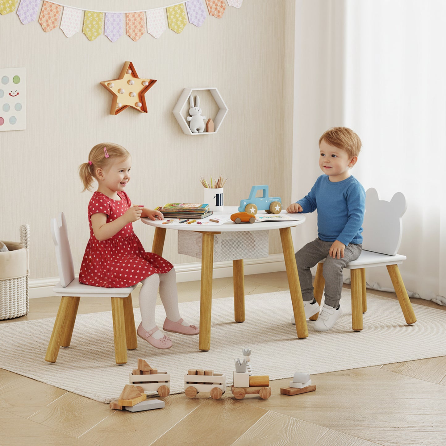 AIYAPLAY 3 Piece Kids Table And Chair Set With Mesh Bag Bear Shaped Backrest For Arts And Crafts And Reading White