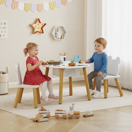 AIYAPLAY 3 Piece Kids Table And Chair Set With Mesh Bag Bear Shaped Backrest For Arts And Crafts And Reading White