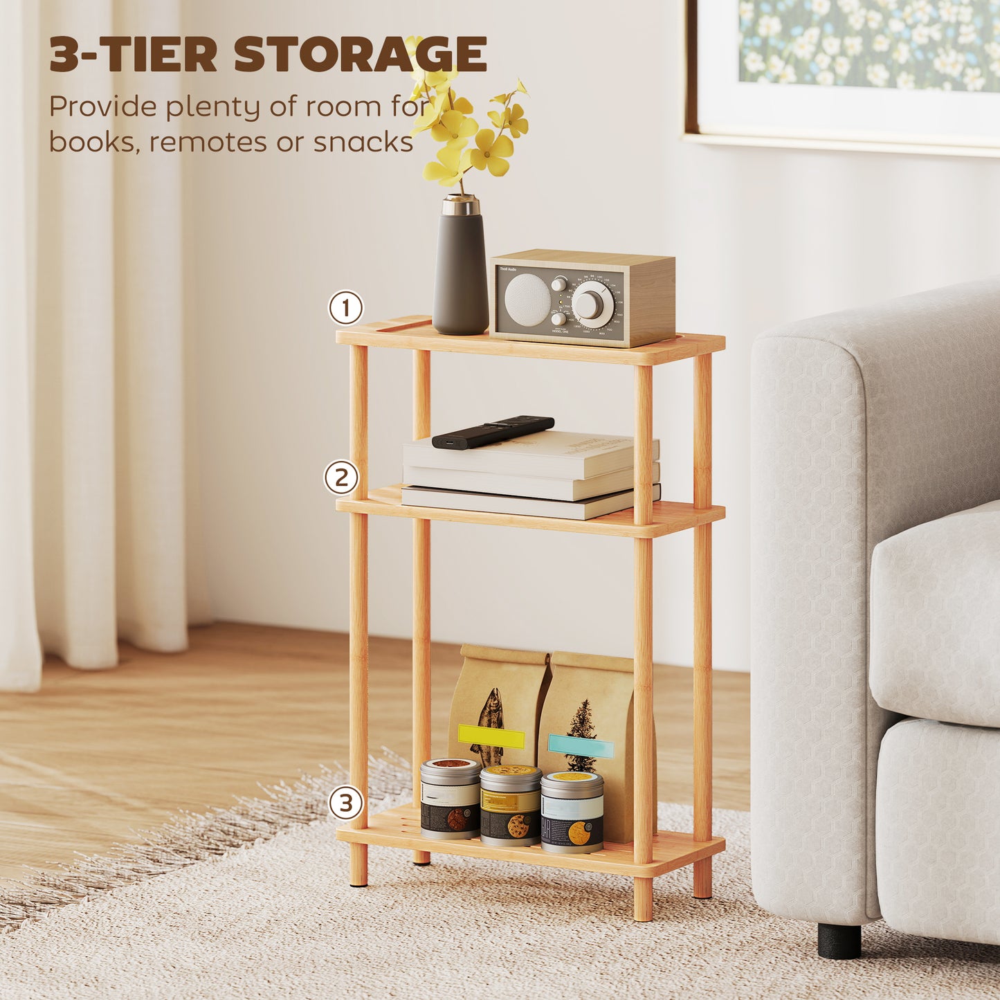 HOMCOM Bamboo Side Table 3 Tier Slim Table Nordic Living Room Bedroom Office Tool Free Assembly Natural Wood Finish