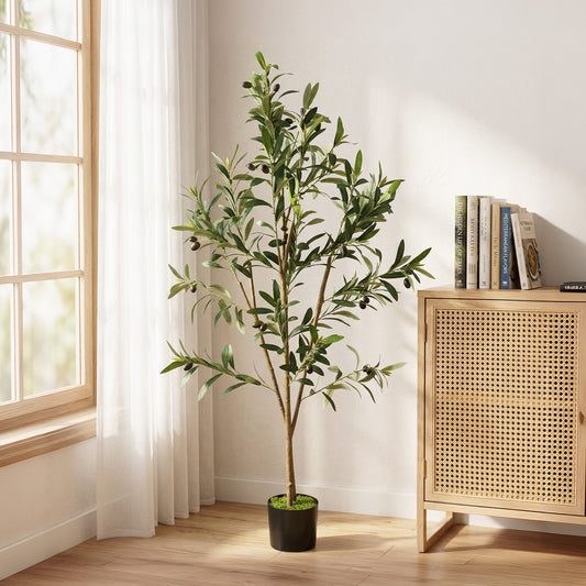 HOMCOM 120 Cm Silk Artificial Olive Tree With 303 Leaves In Cement Pot For Living Room Or Office Decor