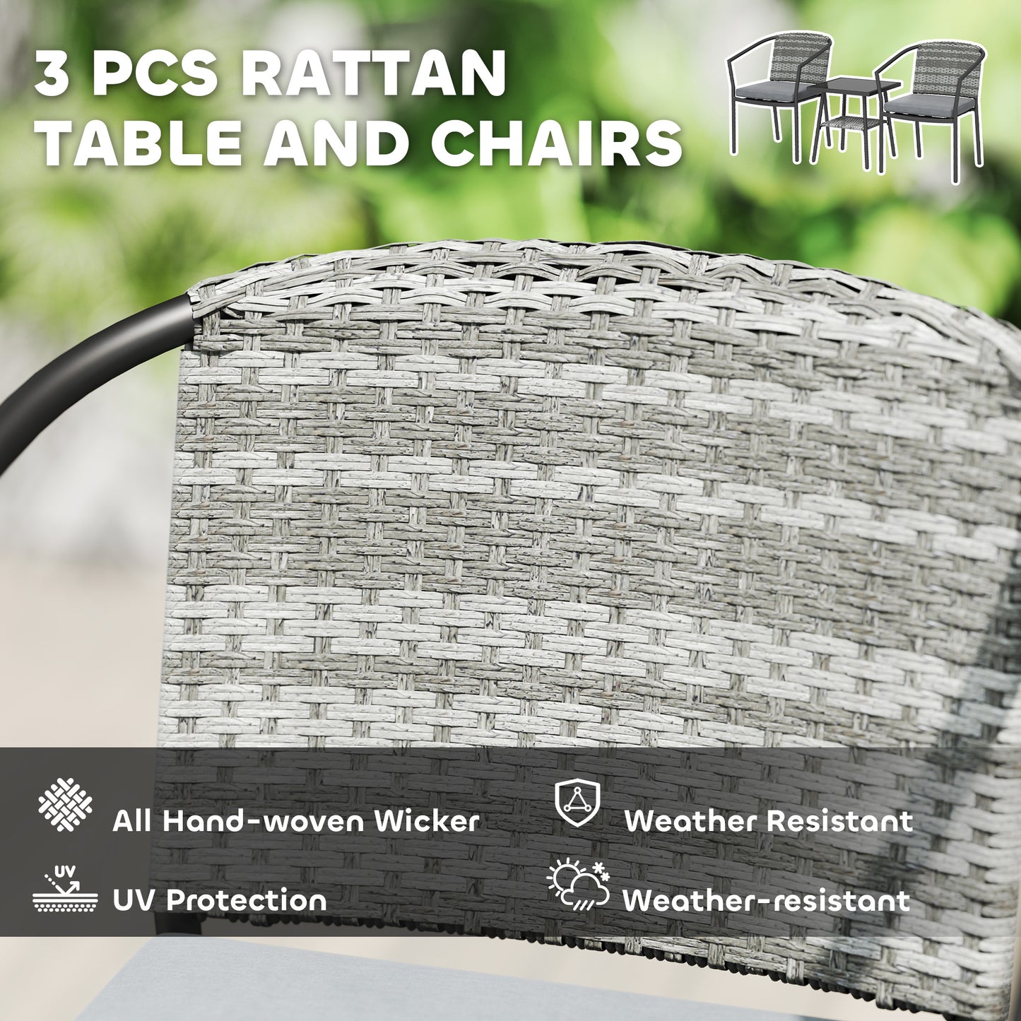 Outsunny 3 Piece Rattan Bistro Set With Cushions Glass Top Coffee Table And Chairs For Outdoor Patio Terrace Grey