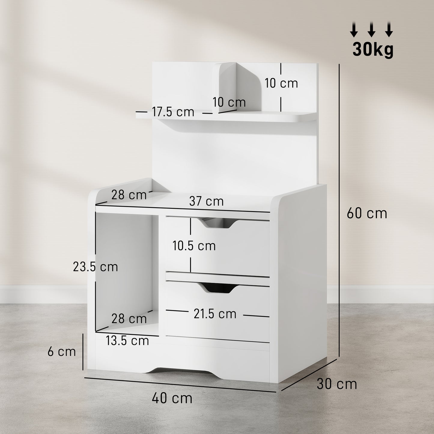 HOMCOM Bedside Table With 2 Drawers And Open Shelves For Alarm Clocks Books And Decor In High Gloss White