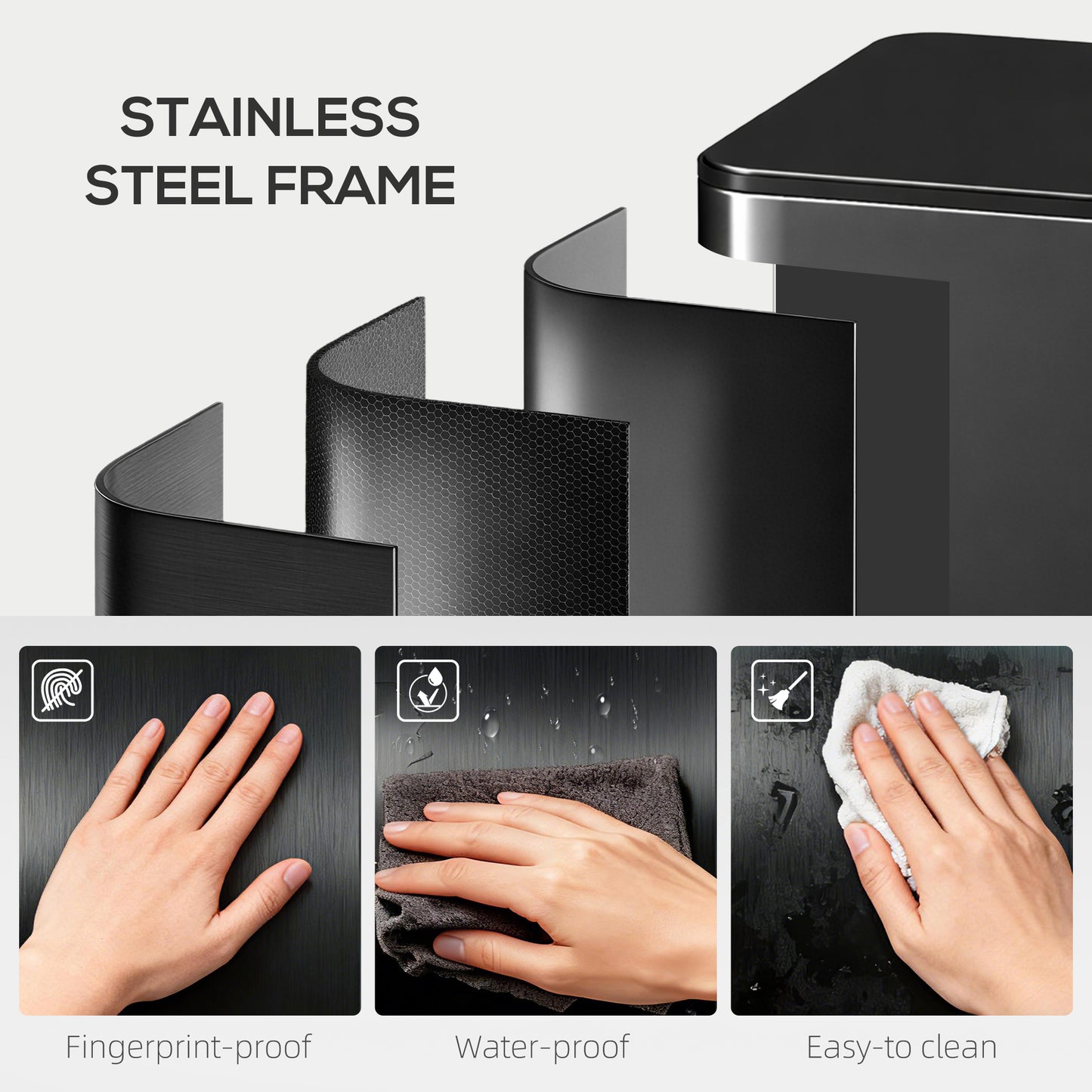 HOMCOM 3 x 15L Pedal Bin Stainless Steel Kitchen Bin With Soft Close Lid Removable Buckets Fingerprint Proof Black