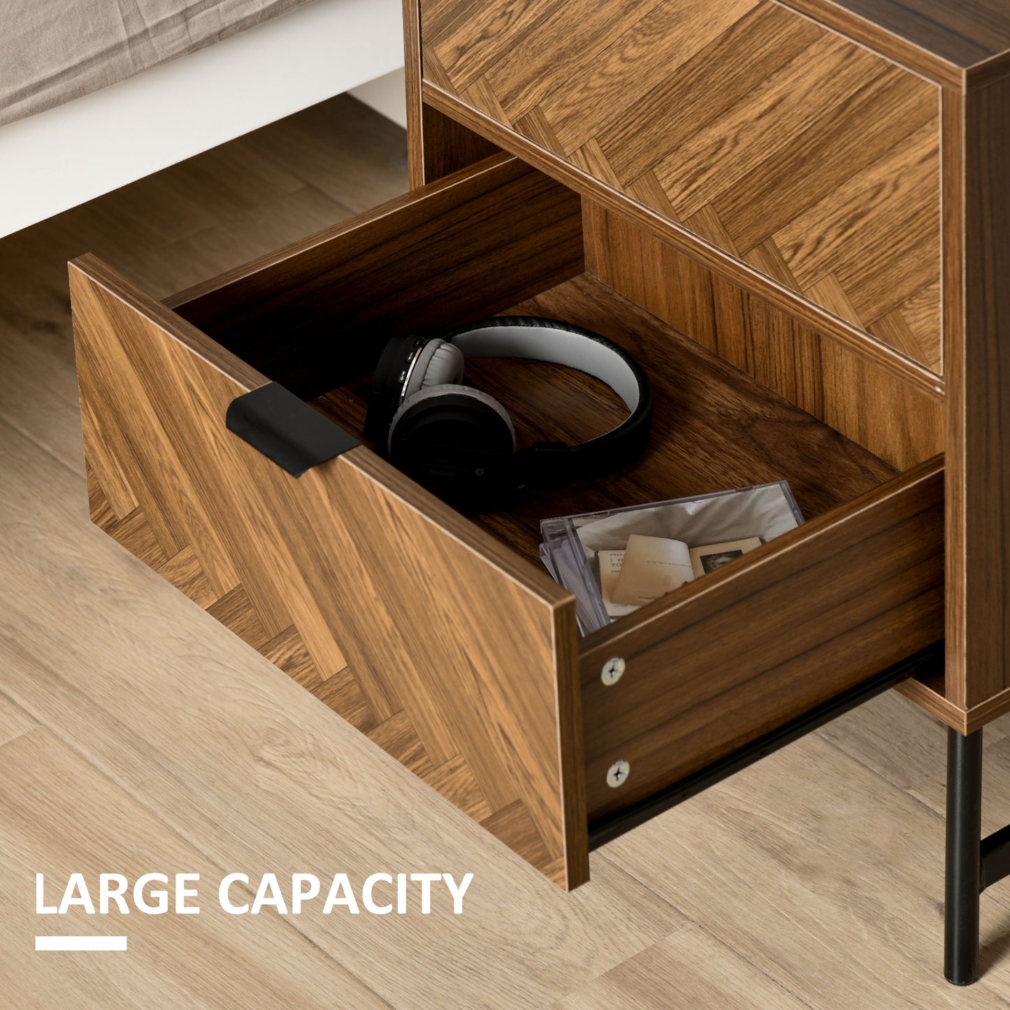 HOMCOM Bedside Table Set Of 2 With 2 Drawers Herringbone Pattern And Metal Legs Walnut Brown For Bedroom And Living Room
